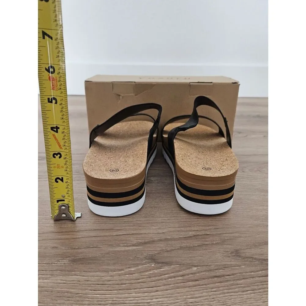 Yozuru Black Doubke Strap Cork Platform Slide Sandals Size 9.5
